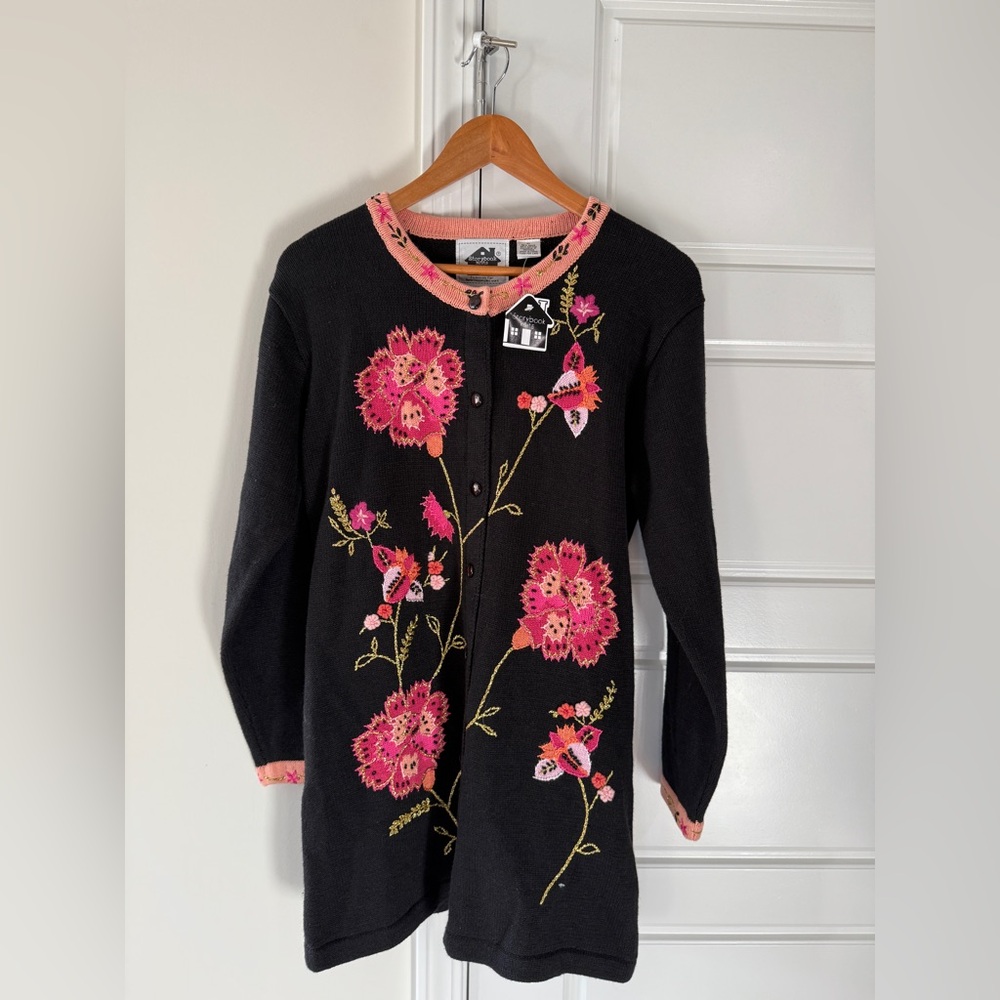 Storybook Knits NEW Floral Embroidered Black Cardigan Medium Teacher Sweater